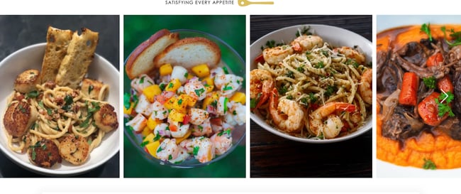 Four images with different food dishes including pasta, ceviche, and beef